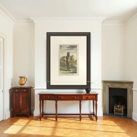 Californian Woman in Deerskin Dress, Indigenous Portrait, Engraving 1780, shown framed in a room