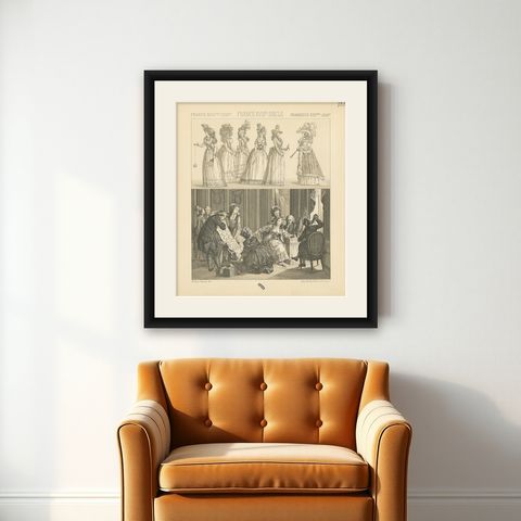 Pl. 120 Antique Print of French 18th Century Dresses by Racinet, 'circa 1880', shown framed on a wall
