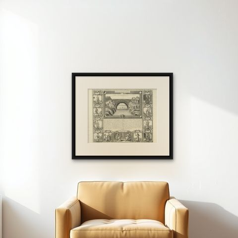 Antique China Costume & Xensi Bridge Engraving, Chatelain, 1719, shown framed on a wall