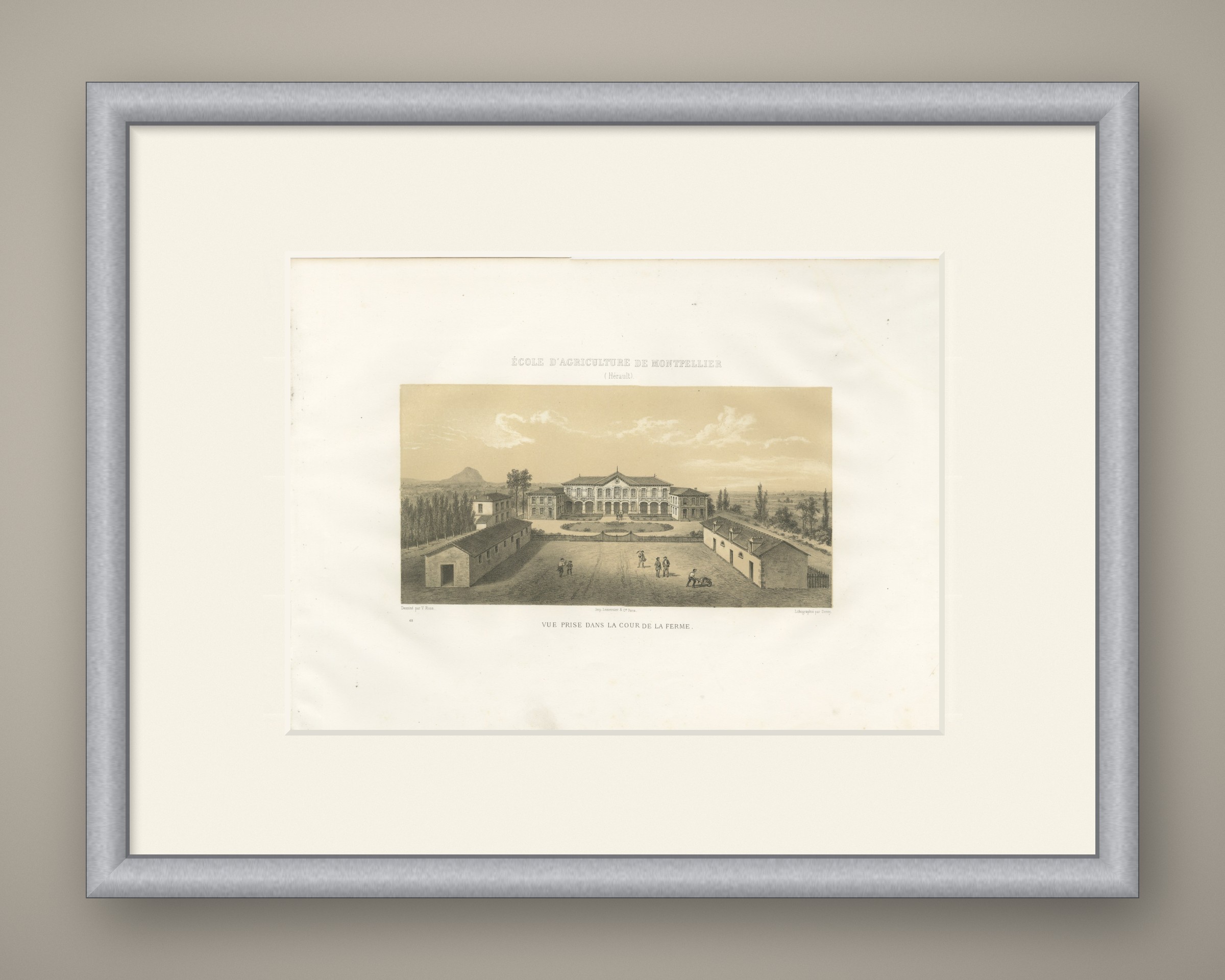 Montpellier Agricultural School Farm Court, Antique Print, 1873, shown framed