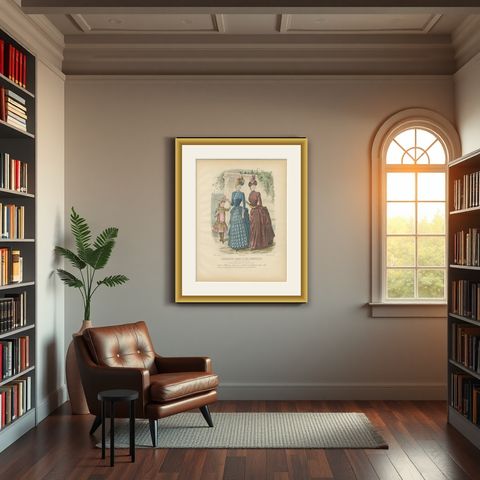 Antique French Fashion Plate, Elegant Ladies with Child, Garden Scene, c.1880, shown framed in a room
