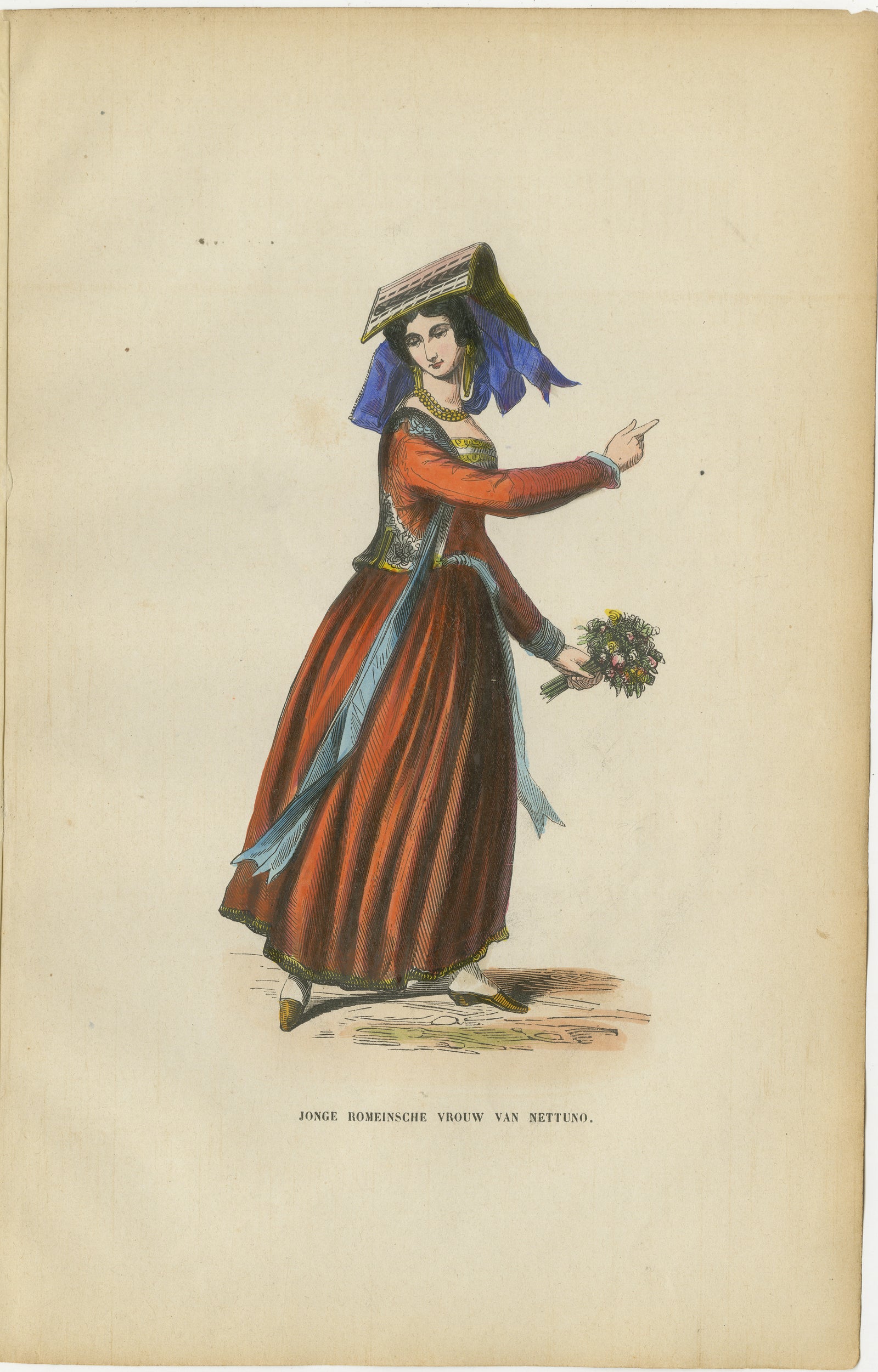 Young Roman Woman of Nettuno (near Rome) - Antique Costume Lithograph, c.1852