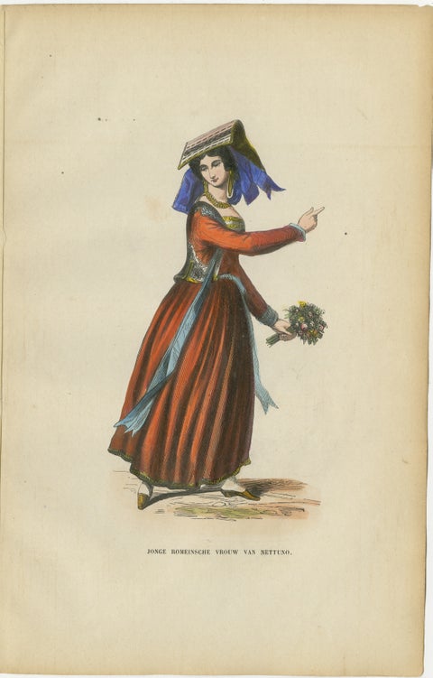 Young Roman Woman of Nettuno (near Rome) - Antique Costume Lithograph, c.1852