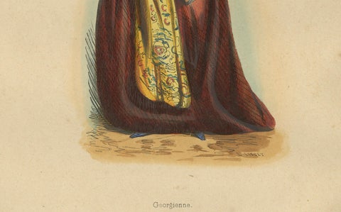 Exquisite 1844 Lithograph of Traditional Georgian Woman in Full Attire, close-up 1