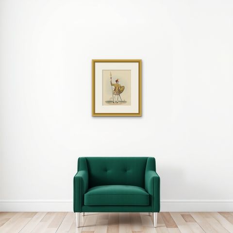 Nicely Hand-colored Antique Print of Embossed Armor, 1842, shown framed on a wall