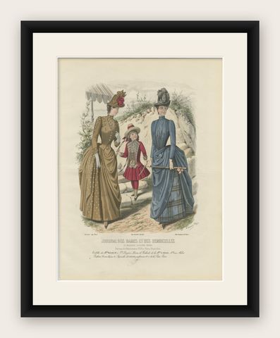 Antique French Fashion Plate, Ladies and Child in Park Scene, c.1880, shown framed