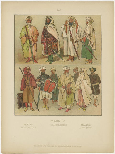 Hand-Colored 1900 Print of Moorish Costumes, 15th Century North Africa, ca.1880, view 2