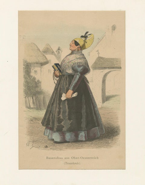 Austrian Folk Costume Pair, Upper Austria, Elegant Rural Figures, 1876, close-up 1