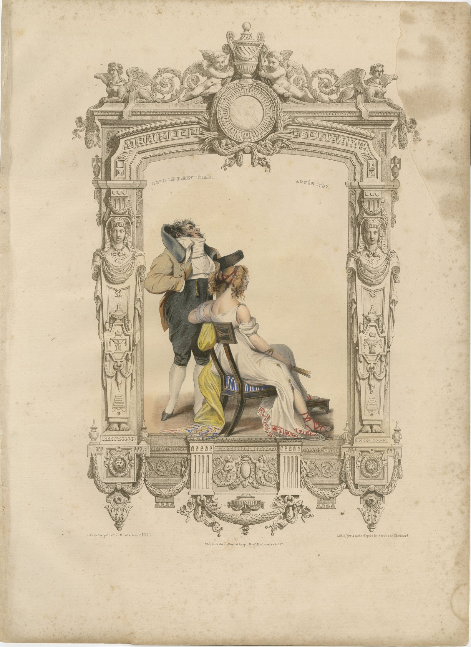 French Directoire Costume Lithograph, Under the Directory 1797, Published 1847