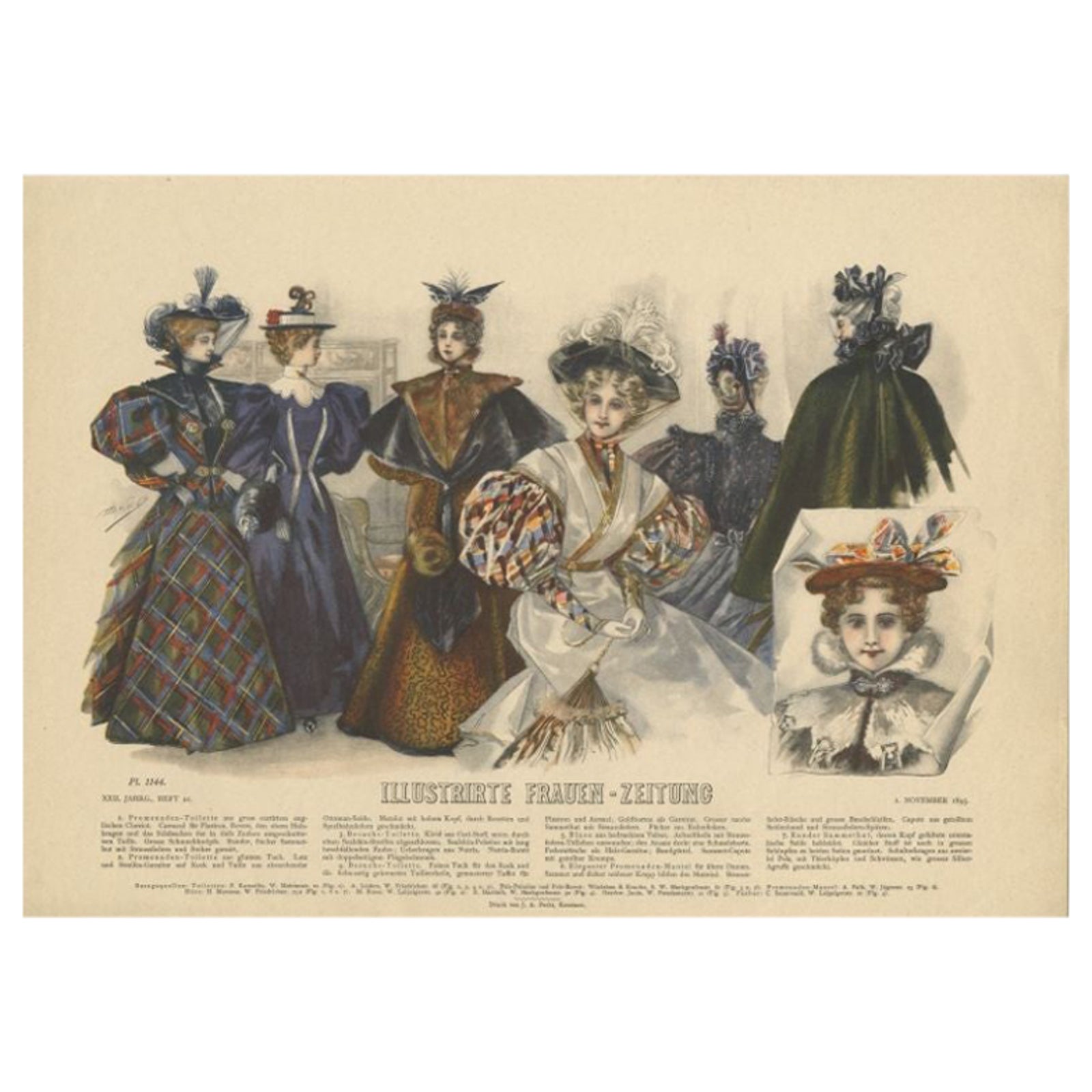 Antique Fashion Print of Women, Published in Germany in, 1895