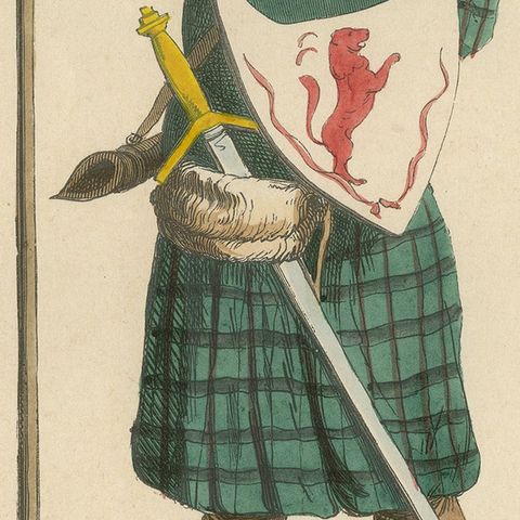 Scottish Knight in Tartan Attire with Heraldic Shield, Costume Di Moyen Age 1847, close-up 6