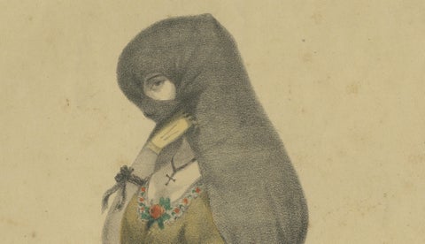 Original Antique Costume Print "La Tapada" of Lima, Peru by A.A. Bonnaffé, 1855, close-up 5