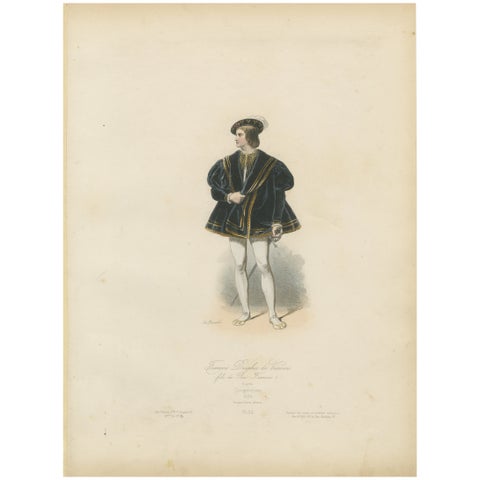 Antique French Costume Print of François Dauphin de Viennois, Renaissance Attire