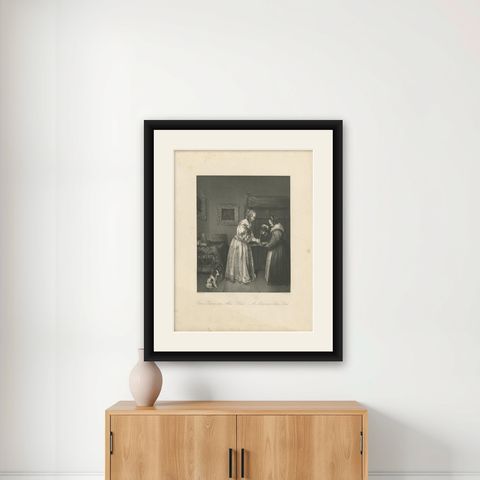 Antique Print of a Lady in a Satin Dress by Payne 'c.1860', shown framed on a wall