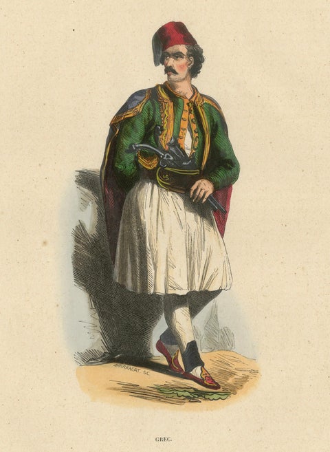 Greek Man in Traditional Dress, Hand-Coloured Lithograph, c.1845, close-up 1