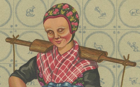 Dutch Folk Costume Print, Everyday Staphorst Dress with Children and Milkmaid, close-up 2