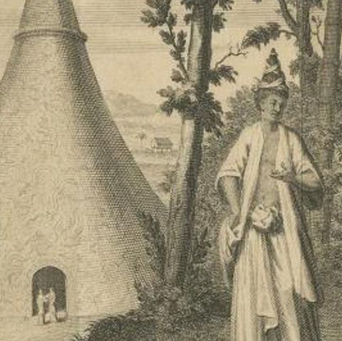 Old Print of the Temple Kiakiak Dagun and Costumes of the Peguans, India, 1732, close-up 2