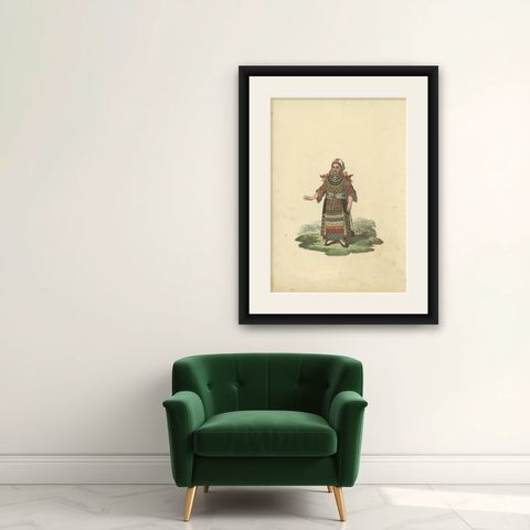 Antique Costume Print of a Woman from Finland, 1811, shown framed on a wall