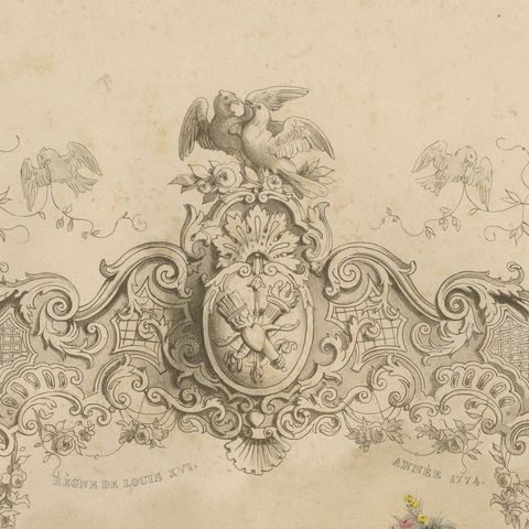 Louis XVI French Rococo Court Costume Lithograph, 1775, Published 1847, close-up 1