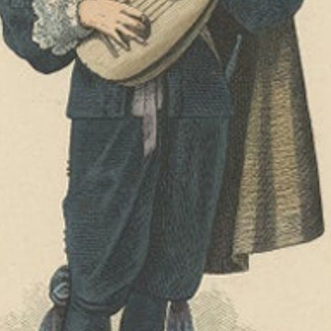 Antique Costume Print of a Lute Player from Holland, c.1880, close-up 2