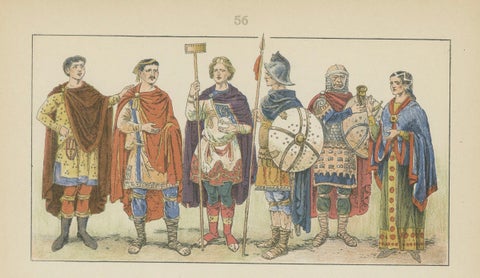 Antique German Costume Print 500–1000, Hand-Colored Historical Plate, ca.1880, close-up 2