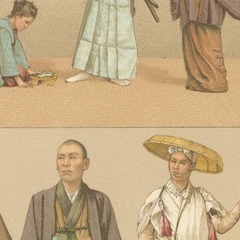 Pl. 64 Antique Print of Japanese Costumes by Racinet, 'circa 1880', close-up 2