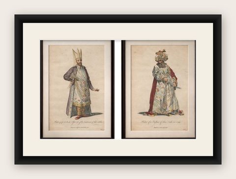 Ottoman Court Figures, Hand-Colored Costume Engravings Pair, c.1749, shown framed