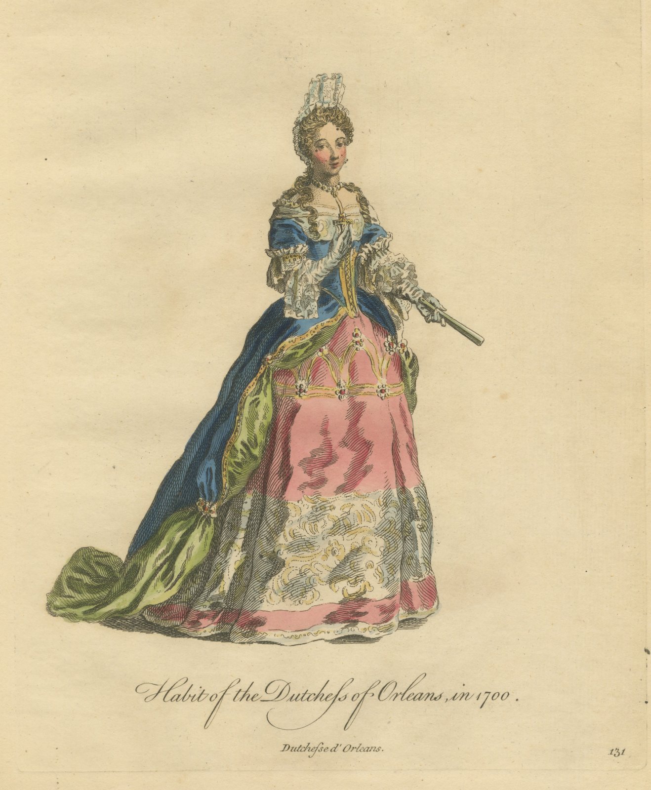 Duchess of Orléans in 1700 with a Fan, Hand Colored Jefferys Engraving, 1757