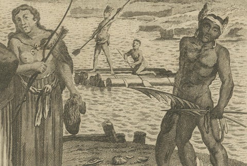 California Indigenous Dress & Fishing Rafts, Early Ethnographic Engraving 1754, close-up 1