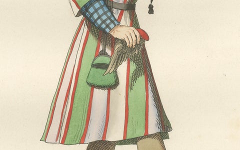 15th Century Falconry Costume, Falconer with Hawk, Antique Print 1845, close-up 2