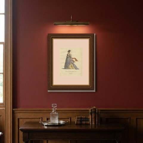 Lady of Quality in France with a Striped Toque, Jefferys Costume Plate, 1757, shown framed on a wall
