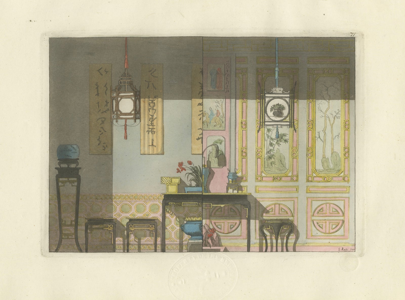 Chinese Nobleman’s Study Interior, Ferrario Costume Print, Hand-Colored c.1815