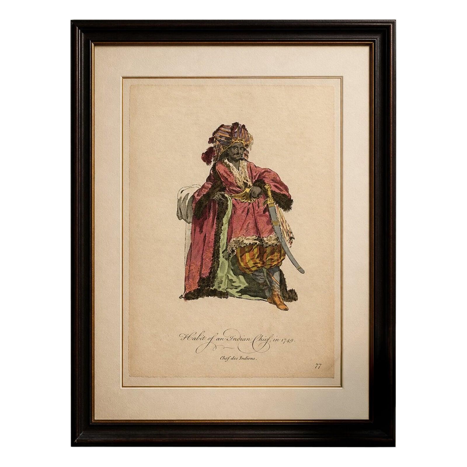 Antique Costume Print, Indian Chief, Exotic Dress & Arms, 1749