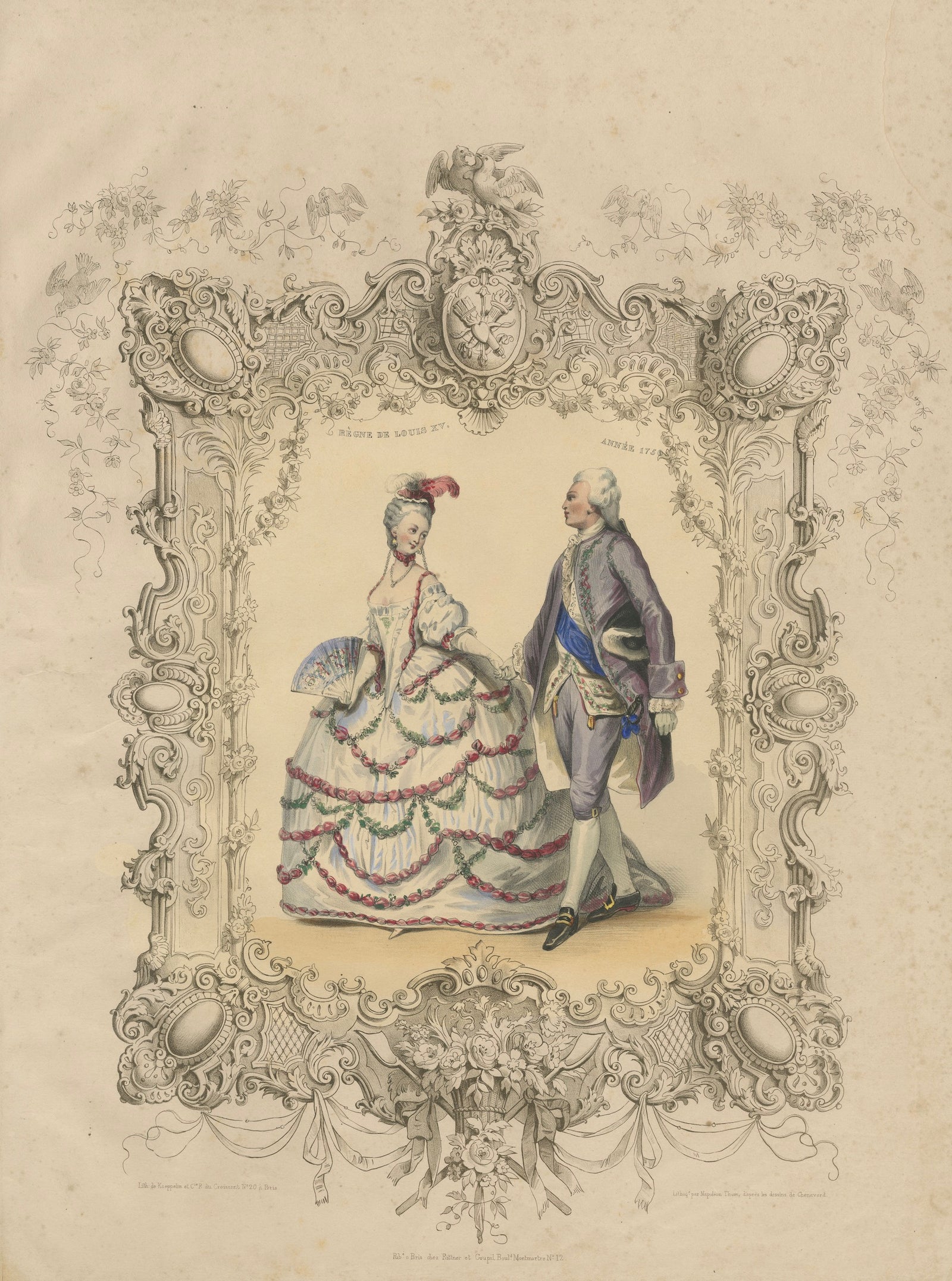 Louis XV & Madame de Pompadour Rococo Court Costume Lithograph, 1847