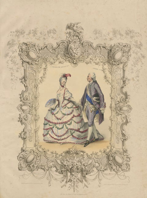 Louis XV & Madame de Pompadour Rococo Court Costume Lithograph, 1847