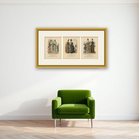 Set of 3 Antique French Fashion Plates, Paris Ladies & Children, c.1880, shown framed on a wall