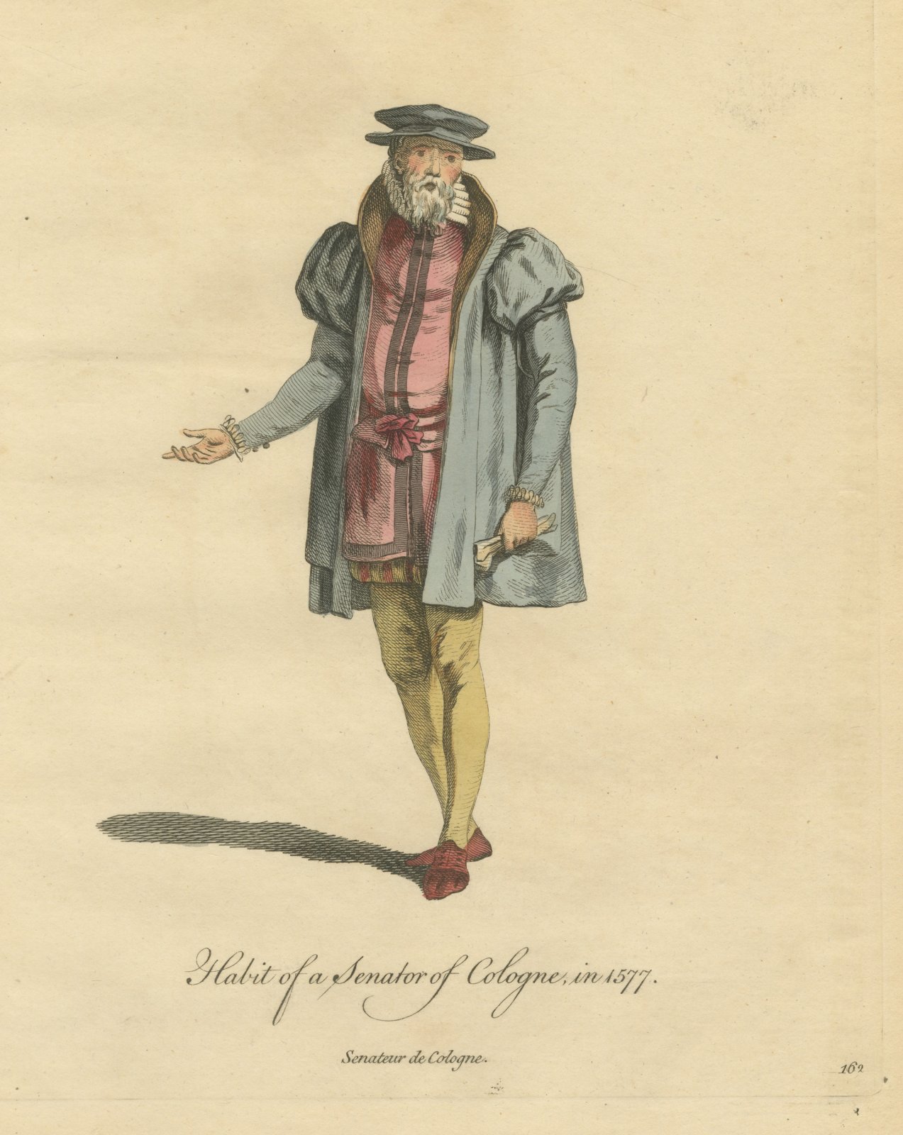 Senator of Cologne in Gray Gown and Flat Hat, Costume of 1577, Jefferys 1757