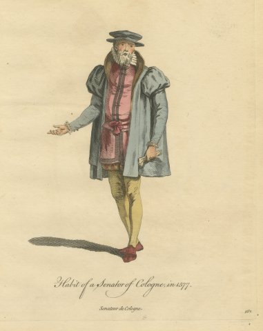 Senator of Cologne in Gray Gown and Flat Hat, Costume of 1577, Jefferys 1757