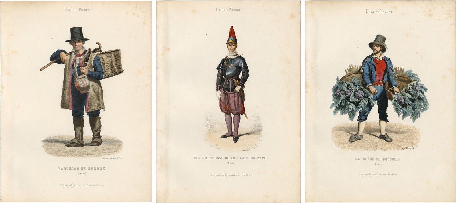 Three Antique Rome Trades & Costume Engravings, Papal Guard & Merchants, 1850