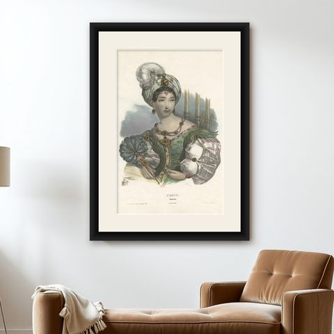 Antique Costume Print of Asia by Lemercier, circa 1840, shown framed on a wall