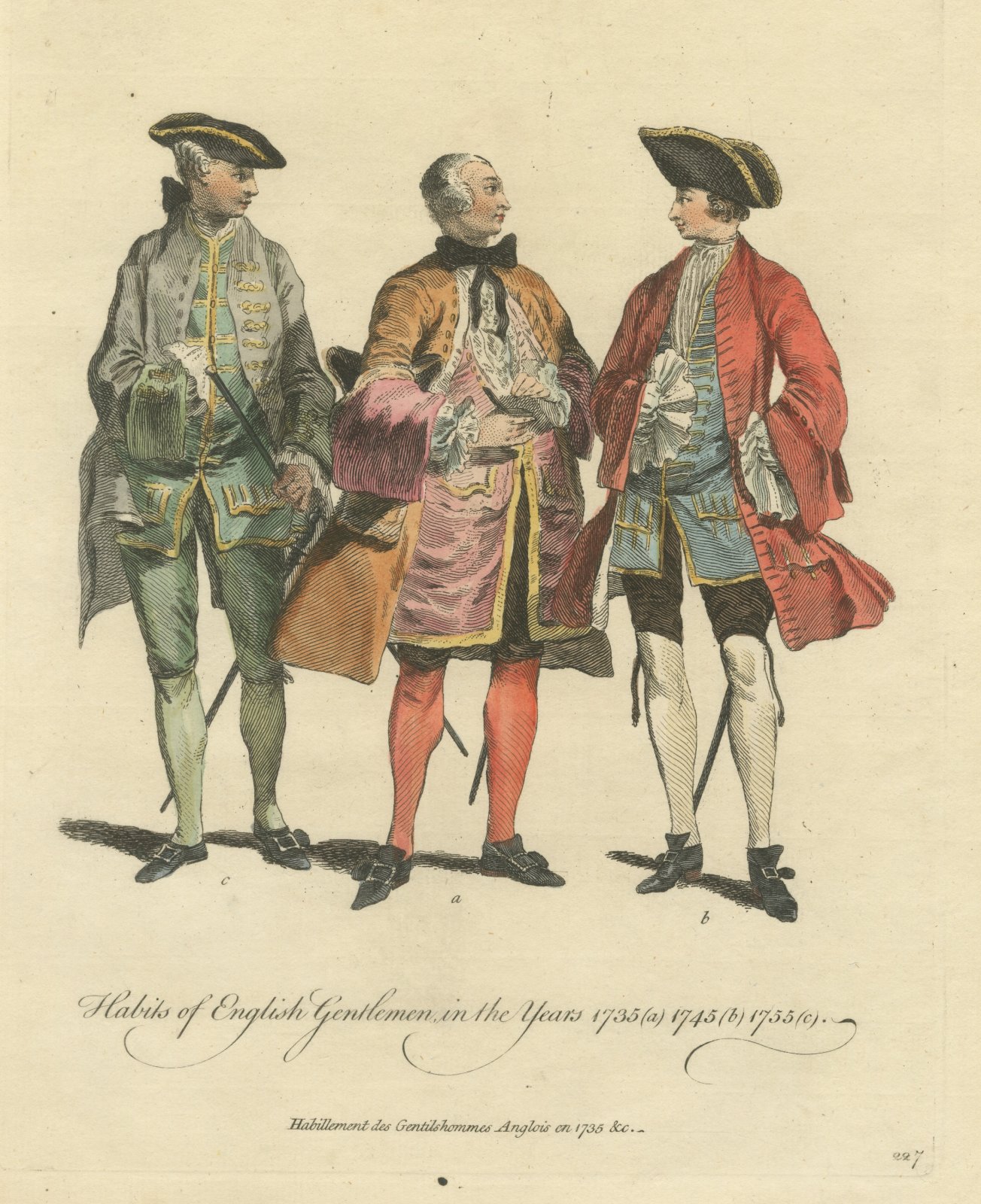Three English Gentlemen of 1735, 1745 and 1755, Jefferys Costume Print, 1757