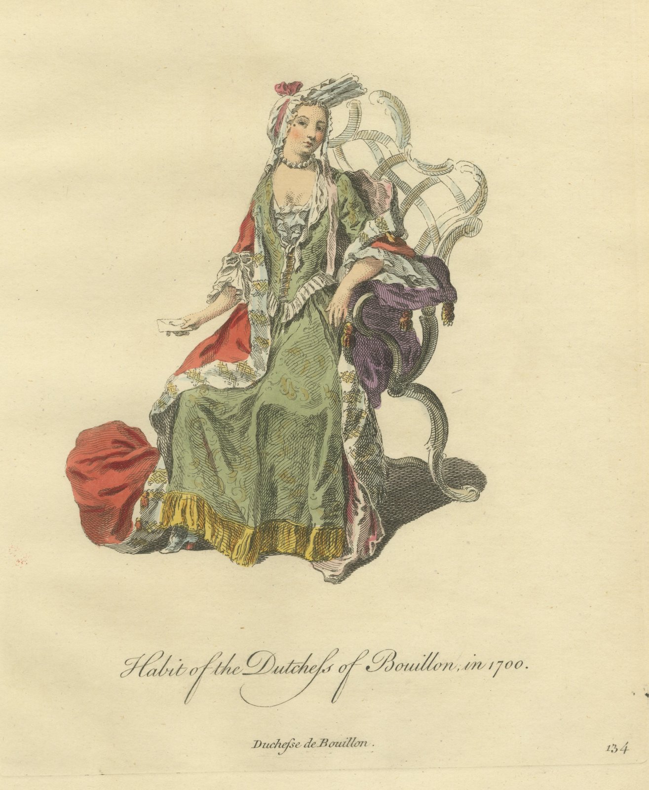 Duchess of Bouillon Seated in 1700, Hand Colored Jefferys Engraving, 1757