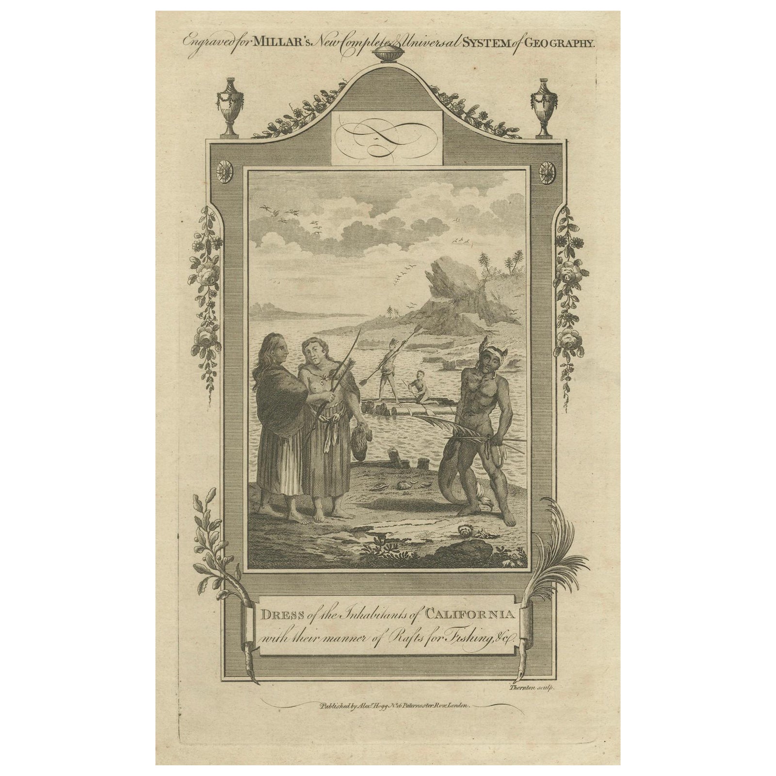 California Indigenous Dress & Fishing Rafts, Early Ethnographic Engraving 1754