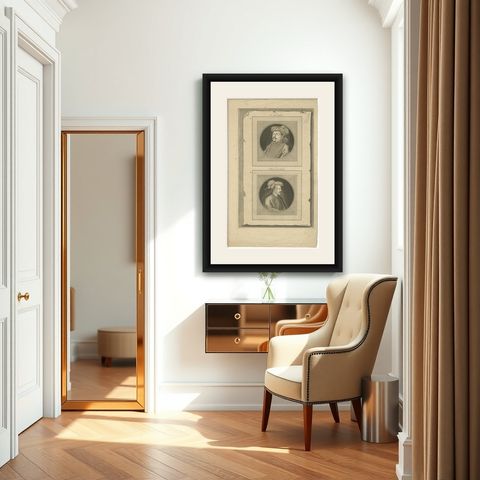 Mughal Nobles Asad Khan & Khan Jahan Portrait Engraving, Valentijn, c.1726, shown framed in a room