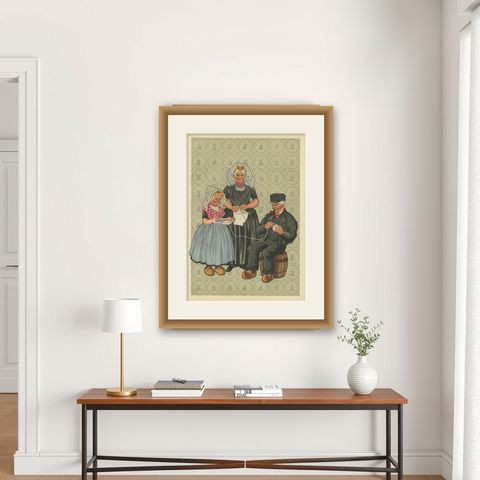 South Beveland Roman Catholic Dress with Girl and Grandfather, Plate XLII (1932), shown framed on a wall