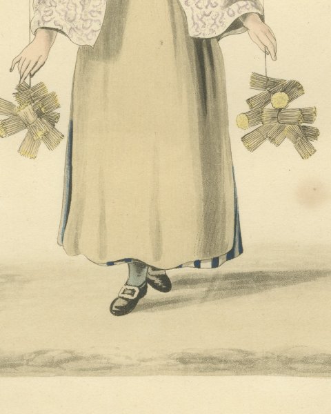 Girl selling Matches in Rotterdam, Street Seller, Antique Print, 1817, close-up 2