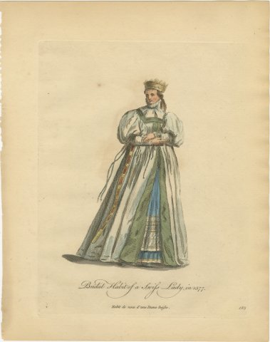 Bridal Habit of a Swiss Lady in 1577, Hand Colored Jefferys Costume Plate, 1757, view 2