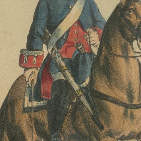 Spanish Cavalry Lithograph by José Rubio y Villegas: Mounted Dragoons, 1861, close-up 3
