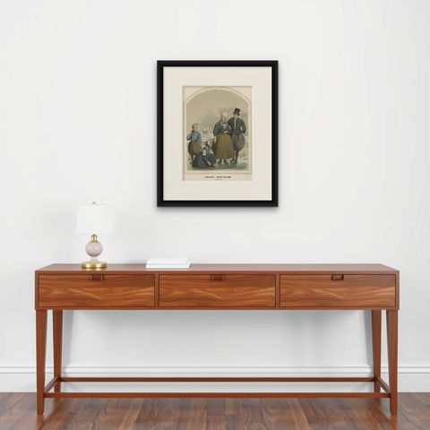 Antique Costume Print of the Province of Noord-Holland, Marken, Holland, ca 1857, shown framed on a wall