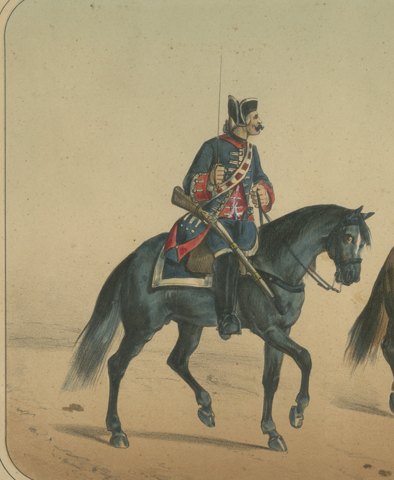 Two Spanish Cavalrymen in Tricorns, Lithograph by Villegas, Madrid, 1861, close-up 1